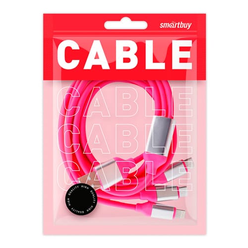 Дата-кабель Smartbuy USB - 3 в 1 Micro+C+8pin, резин, толст. 1.2 м, до 3А яд.роз(iK-312QBOMB nrose)