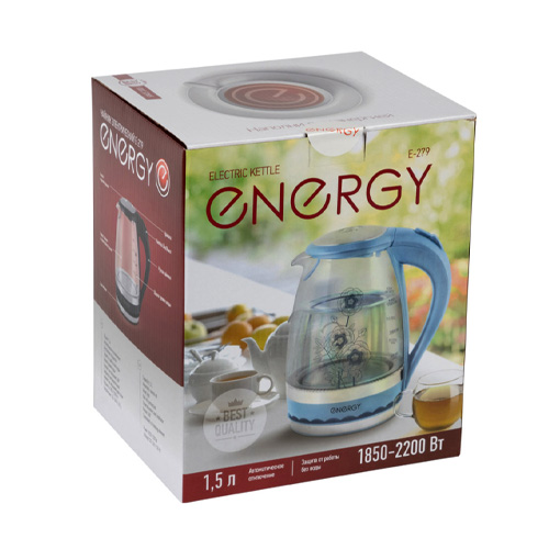 Чайник ENERGY E-279, 1,5 л, диск, стекло, синий