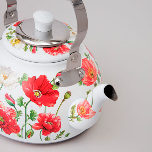 ЧАЙНИК AGNESS, БЕЛЫЕ МАКИ, СО ВСТРОЕННЫМ СВИСТКОМ И ФИЛЬТРОМ 1000 МЛ