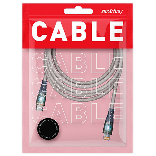 Кабель для зарядки и передачи, прозрачн.наконечники  TYPE C - LIGHTNING серый,3А,нейл.,1 м, Smartbuy