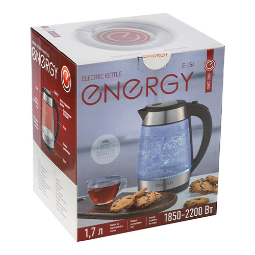 Чайник ENERGY E-254 (1.7л) стекло, пластик, черный