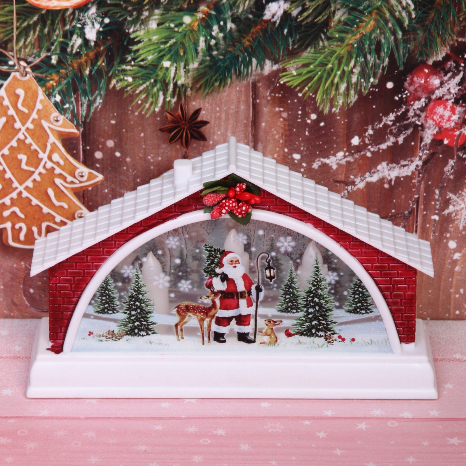 Сувенир с подсветкой "Домик с сказочными гостями" 15,5*4*9,5 см (работает от 2х батареек ААА)