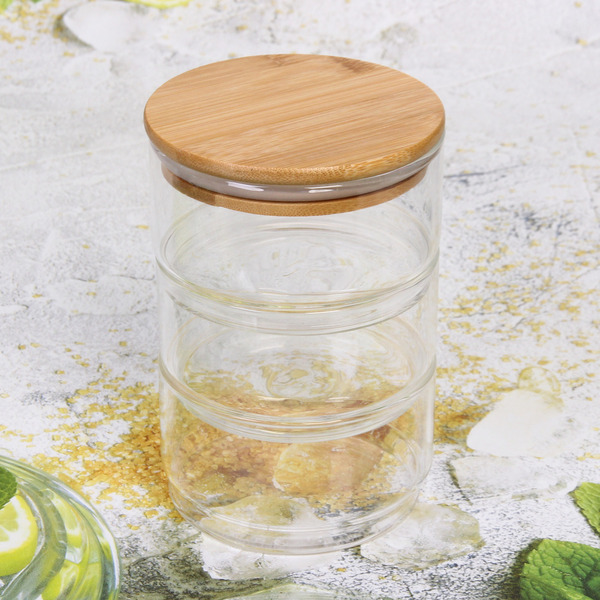 Банка для продуктов стеклянная "Хай-Тек" в наборе 3*400мл с бамбуковой крышкой 11*6см