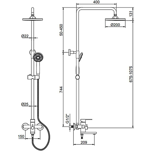Стойка душевая со смесителем с тропическим душем однорычажный картридж 40 мм короткий излив Ledeme L2402 латунь