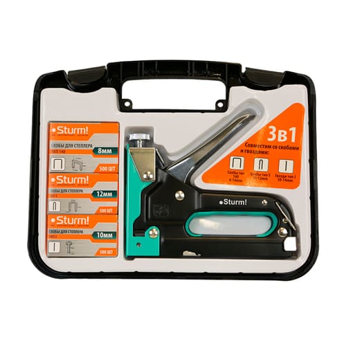Степлер мебельный в кейсе, усиленный, 3-в-1, для скоб 140 (4-14 мм), S (10-12 мм) и гвоздей J (10-14 мм) STURM 1071-01-S3