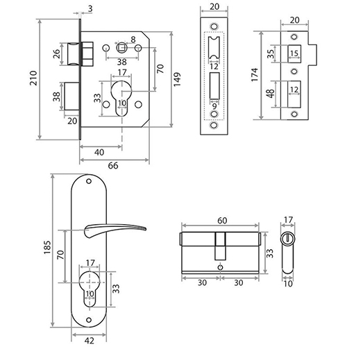 Замок врезной Trodos 70/76 цилиндровый с защелкой, с ручкой, бронза