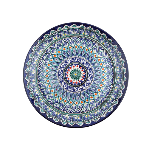 Тарелка ЛЯГАН 380мм плоский Синий (ручная роспись) Риштанская керамика Узбекистан