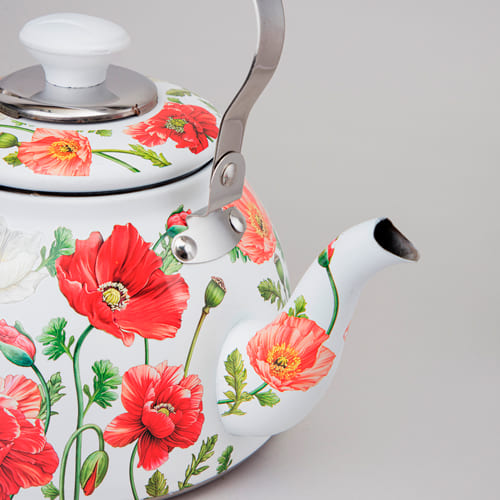 ЧАЙНИК AGNESS, БЕЛЫЕ МАКИ, СО ВСТРОЕННЫМ СВИСТКОМ И ФИЛЬТРОМ 1500 МЛ