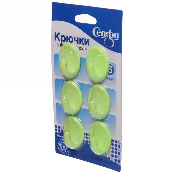 Крючки пластиковые в наборе 6шт на липкой основе "ИДЕЯДОМА", форма овал, цвет зелёная мята, нагрузка 1,5кг