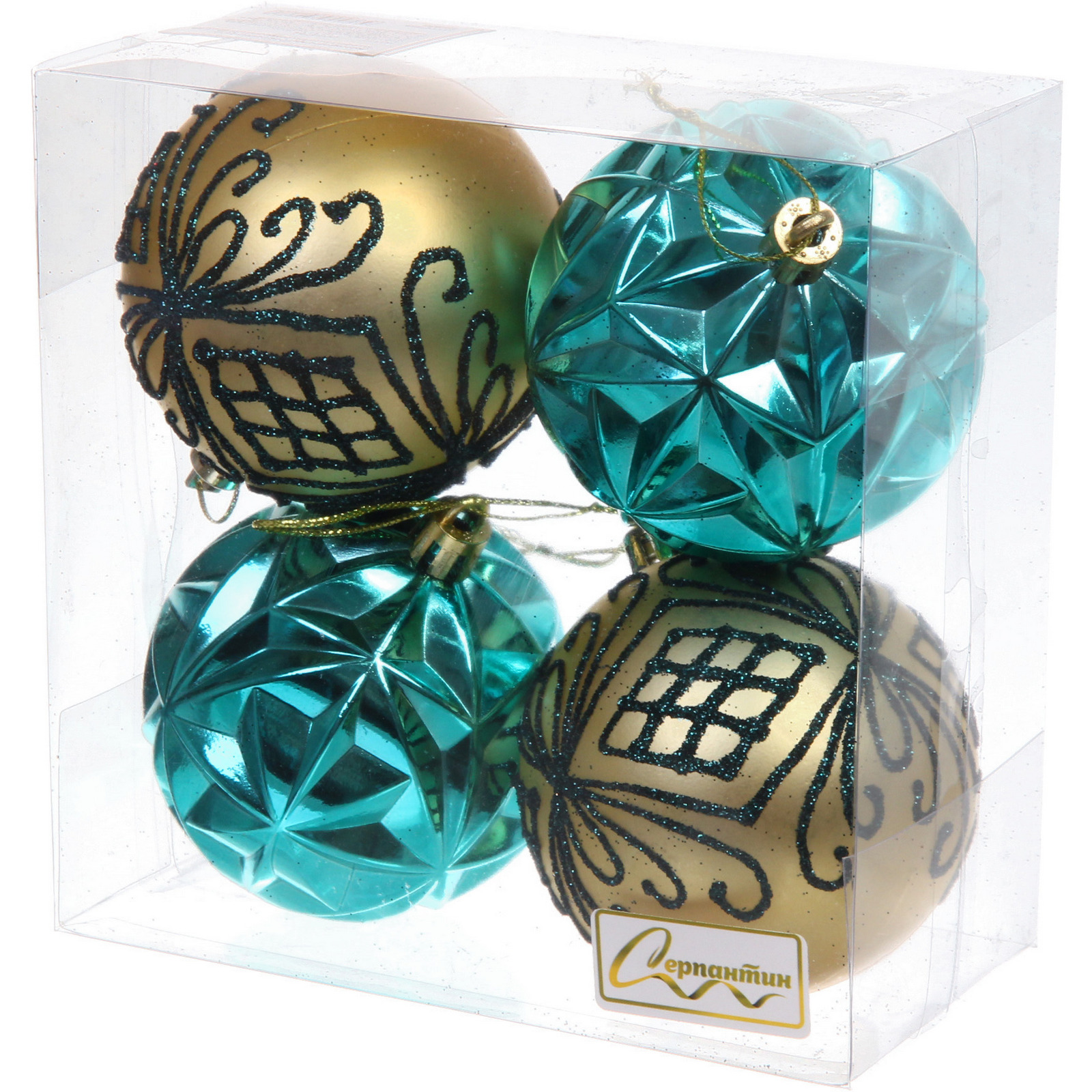 Новогодние шары 7 см (набор 4 шт) "Симфония леса", лазурно-голубой/золото