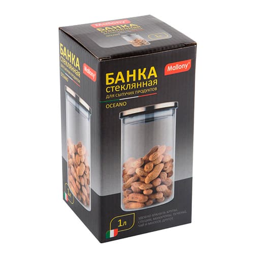 Стеклянная банка, OCEANO, 1 л, для сыпучих продуктов с крышкой из нерж стали