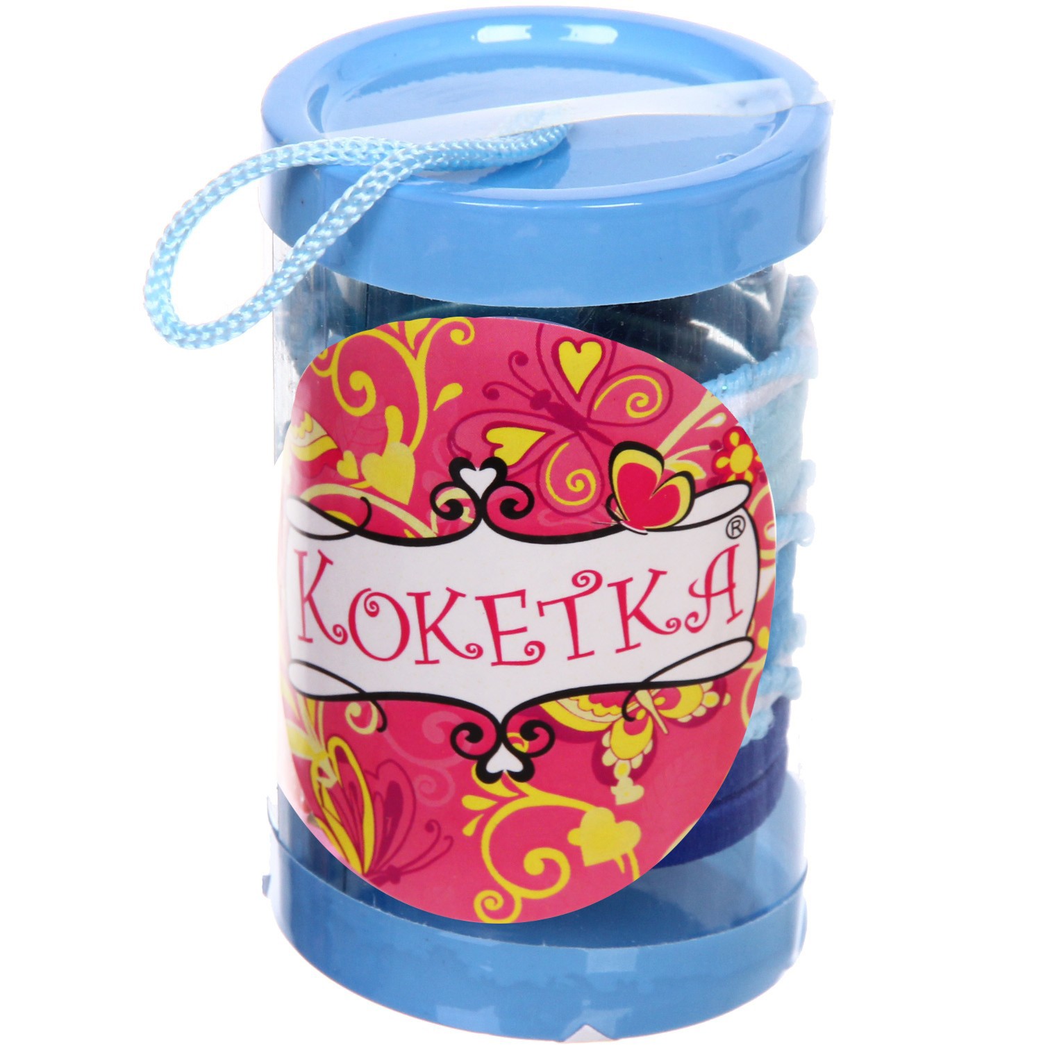 Резинки для волос детские в тубе 9шт "ЗАБАВА", спиральки, цвет голубой / синий, d-4см (наклейка Кокетка)