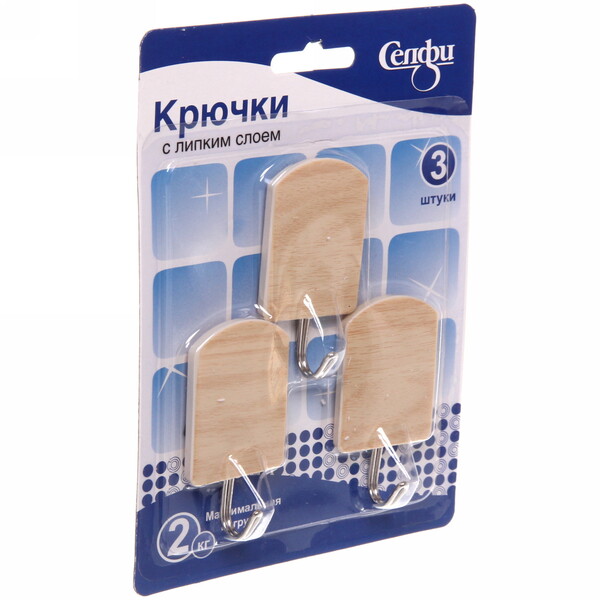 Крючки в наборе 3шт на липком слое "ИДЕЯДОМА", форма прямоугольник, принт светлое дерево, нагрузка 2кг