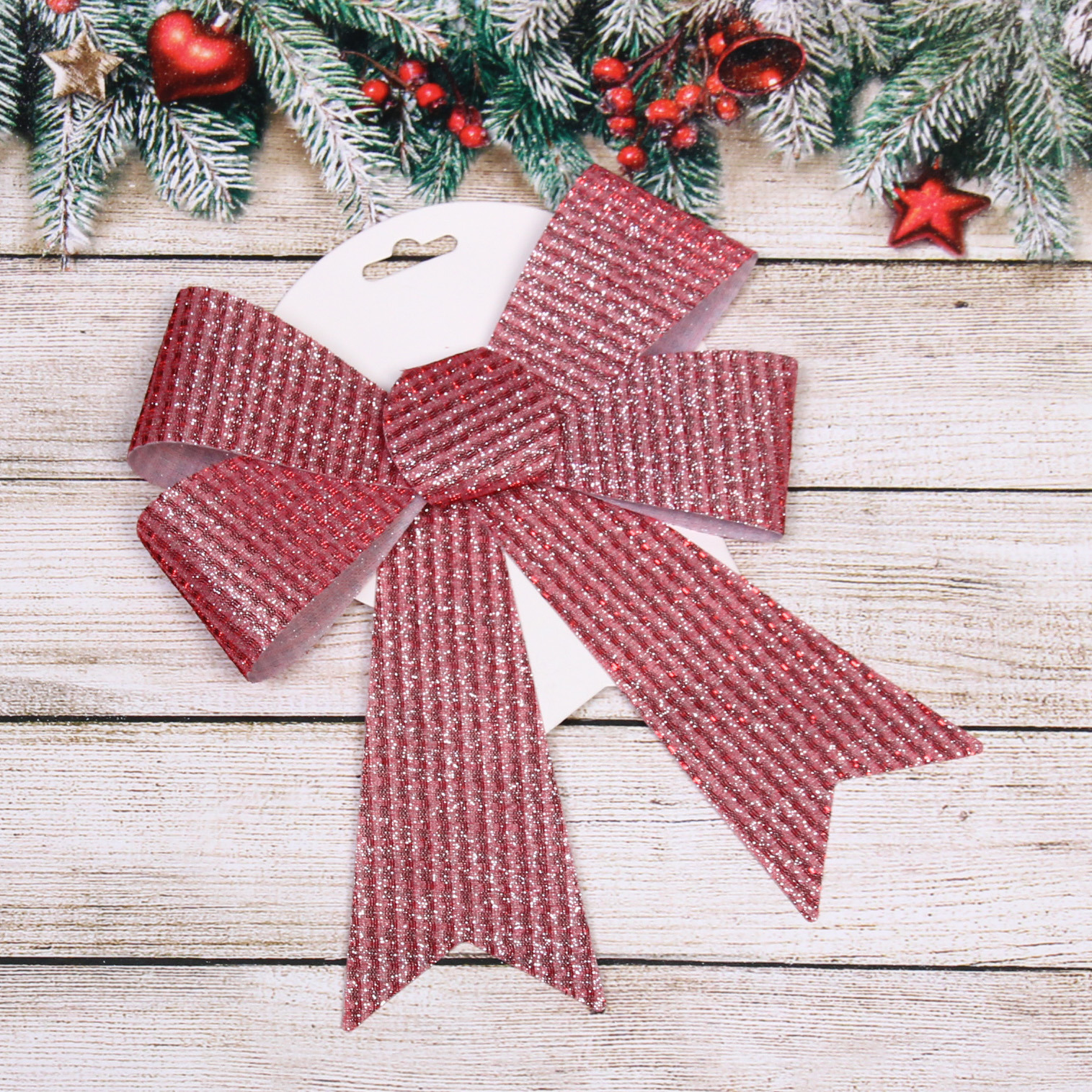 Бант на ёлку "Блестящие полосы" 17*23 см, Красный