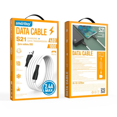 Кабель для зарядки и передачи данных S21 MicroUSB белый, 2.4 А, сил., 1 м, Smartbuy (iK-12-S21bw)