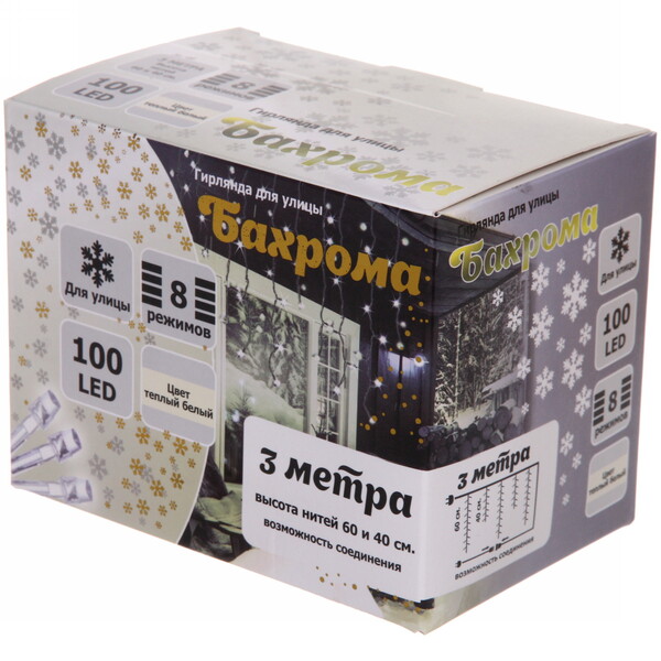 Гирлянда для улицы БАХРОМА ш3м* в40/60см 100 ламп LED, прозр.пров, 8 реж, IP-54, Теплый белый (возможность соединения)