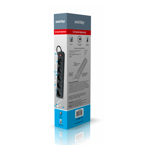 Сетевой фильтр Smartbuy, 10А, 2200 Вт, 5 гнезд, без з/ш, земля, ПВС 3x0,75, 5 м., черный (SBSP-50-K)