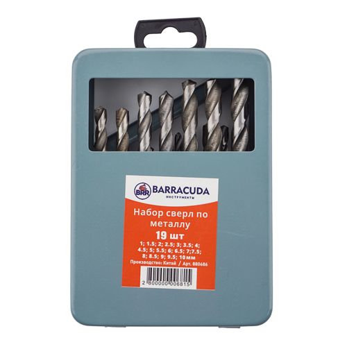 Набор сверл по металлу цилиндрический хвостовик 1-10 мм 19 шт Барракуда стальной кейс, 1/50