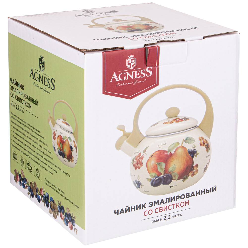 ЧАЙНИК AGNESS ЭМАЛИРОВАННЫЙ СО СВИСТКОМ, СЕРИЯ, ПРОВАНС ЛИМОНЫ, 2, 2Л, ИНДУКЦИОННОЕ ДНО