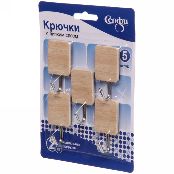 Крючки в наборе 5шт на липком слое "ИДЕЯДОМА", форма прямоугольник, принт светлое дерево, нагрузка 2кг