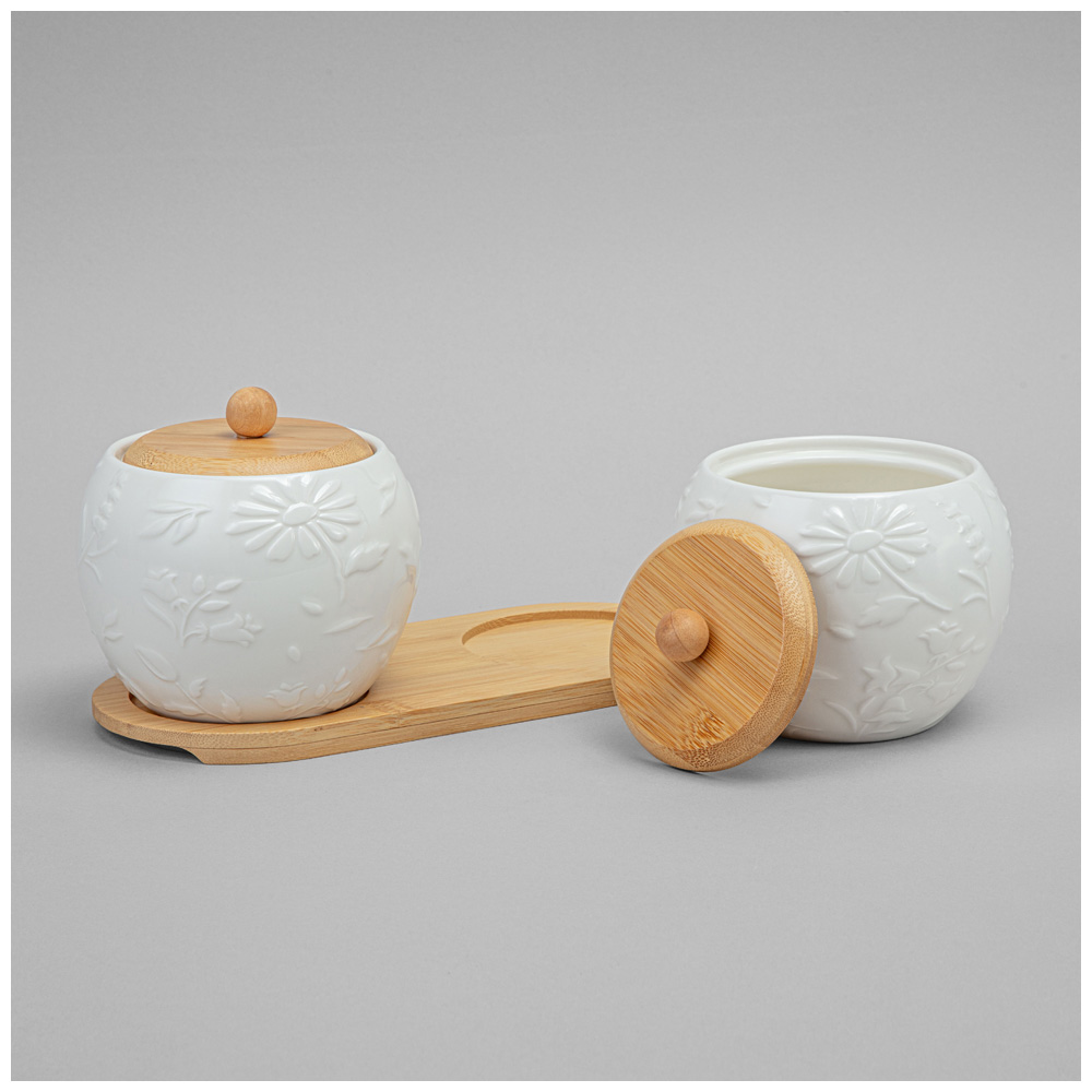 НАБОР БАНОК LEFARD, FLOWERS STORY, С ДЕР. КРЫШКОЙ НА ДЕР. ПОДСТАВКЕ 2 ШТ. 12*11 СМ 550 МЛ