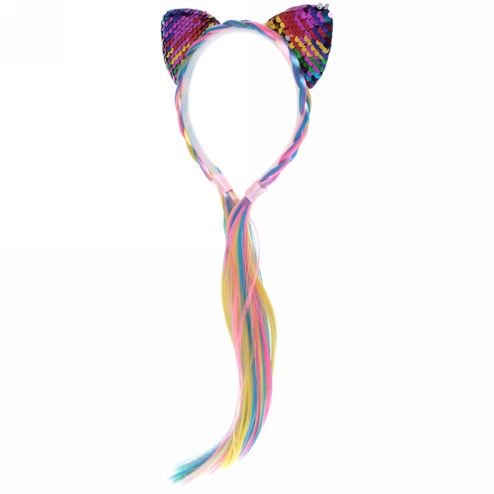 Ободок карнавальный с косой "Радужная кошка" 40 см, микс