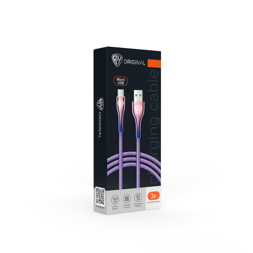 BY Кабель для зарядки Jam microUSB, 1м, Быстрая зарядка 3А, QC, PD 20W, тканевый, фиолетовый