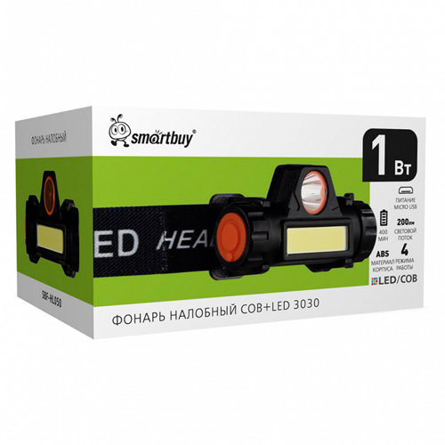 Фонарь налобный COB+LED 3030, налобный ремень, MicroUSB, ABS, Smartbuy