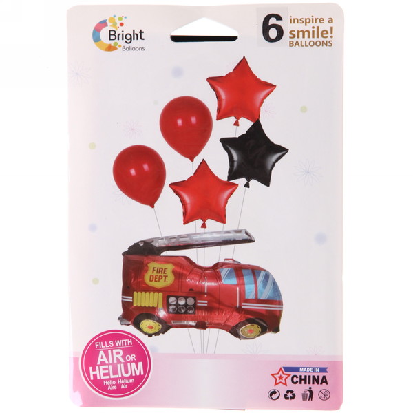 Воздушные шары  6 шт, "Пожарная машина" (74см - Машина, 45см,12"/24см)