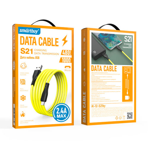 Кабель для зарядки и передачи данных S21 MicroUSB желтый, 2.4 А, сил., 1 м, Smartbuy (iK-12-S21by)