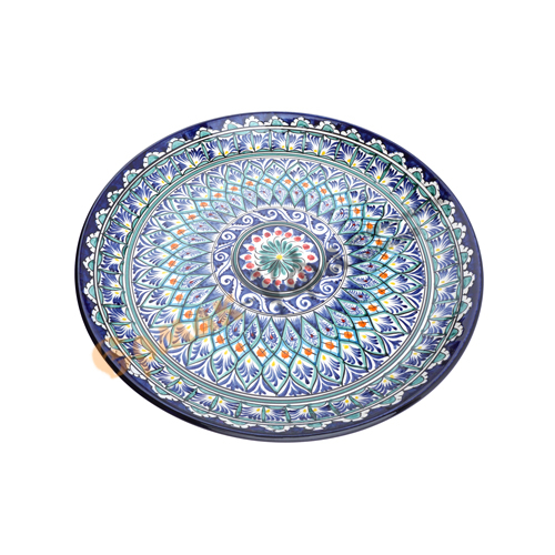 Тарелка ЛЯГАН 380мм плоский Синий (ручная роспись) Риштанская керамика Узбекистан