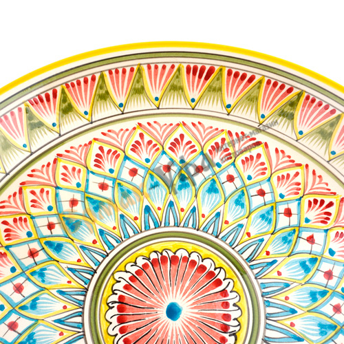 Тарелка ЛЯГАН 380мм плоский Желтый Мехроб  NEW (ручная роспись) Риштанская керамика Узбекистан